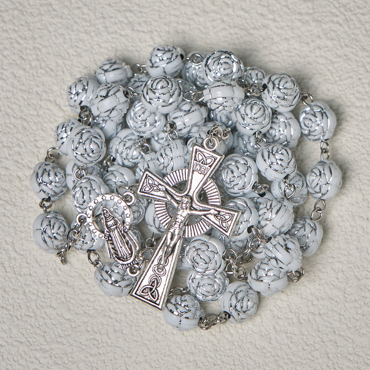 Delicate White Rose Devotional Beads Rosary and Bracelets with Virgin Mary