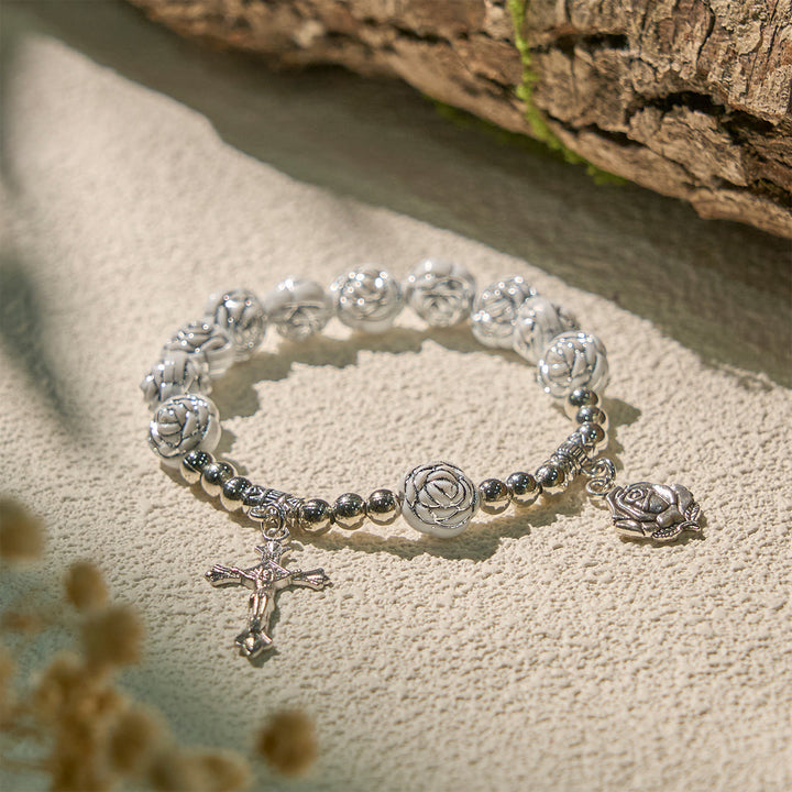 Delicate White Rose Devotional Beads Rosary and Bracelets with Virgin Mary