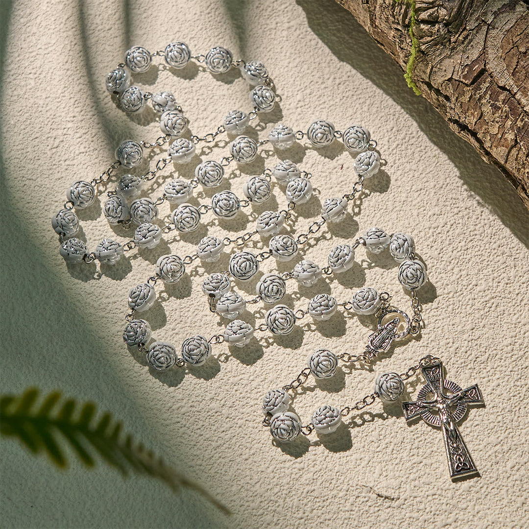Delicate White Rose Devotional Beads Rosary and Bracelets with Virgin Mary