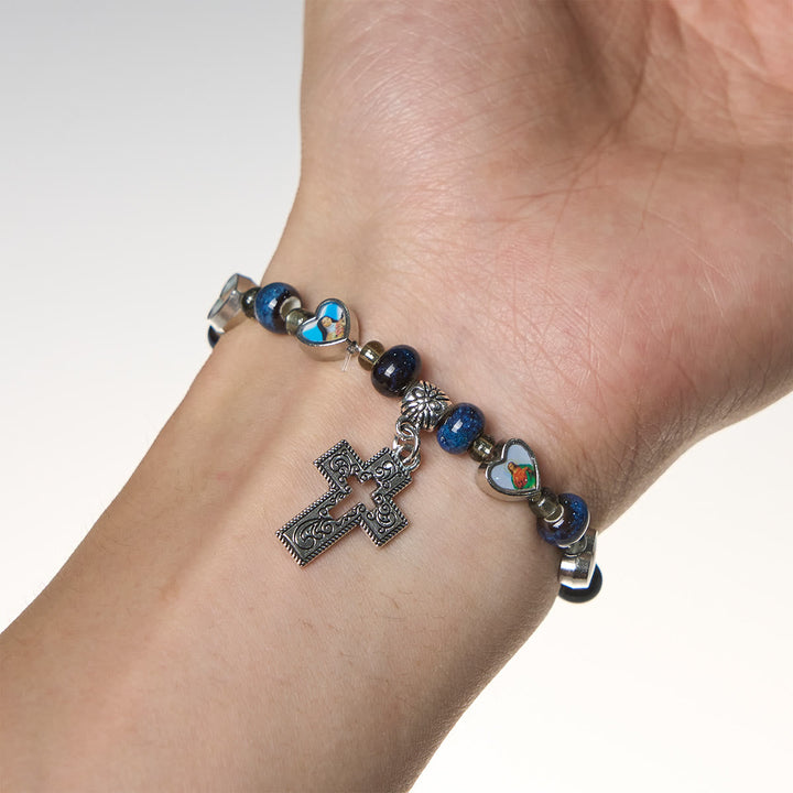 Colorful Glass & Ceramic Bead Bracelets with Cross and Saints Heart Charms
