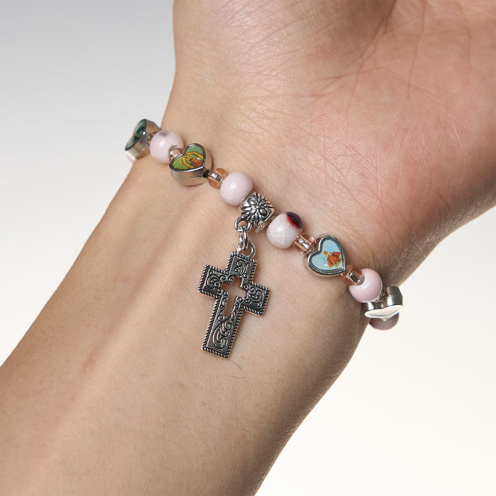Colorful Glass & Ceramic Bead Bracelets with Cross and Saints Heart Charms