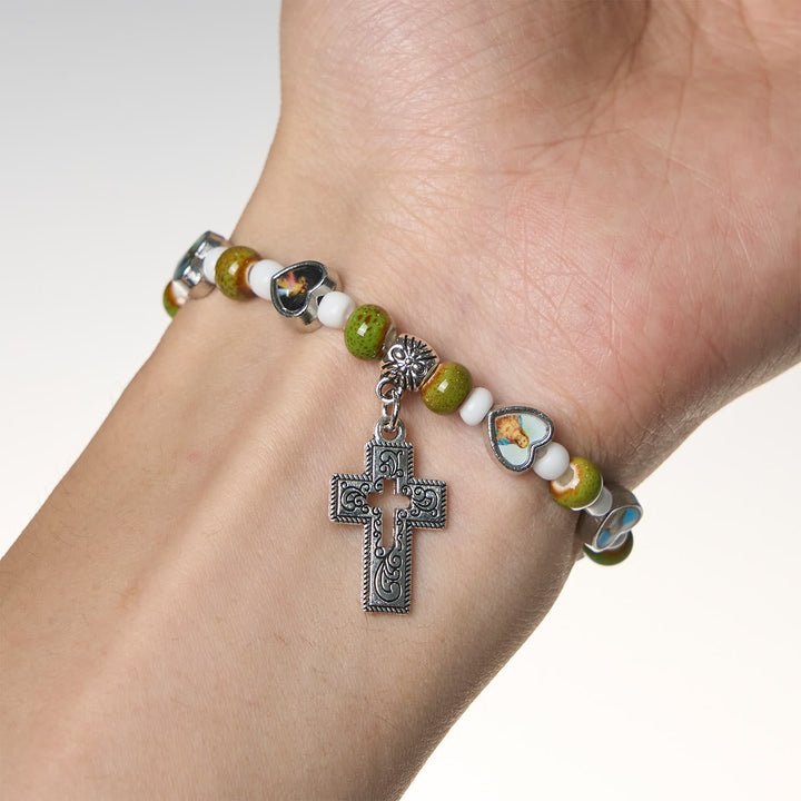 Colorful Glass & Ceramic Bead Bracelets with Cross and Saints Heart Charms