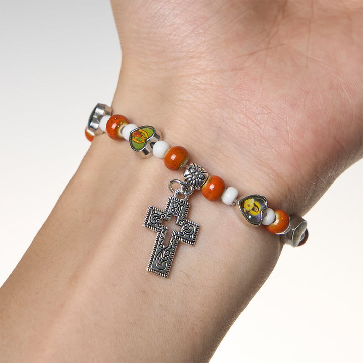 Colorful Glass & Ceramic Bead Bracelets with Cross and Saints Heart Charms
