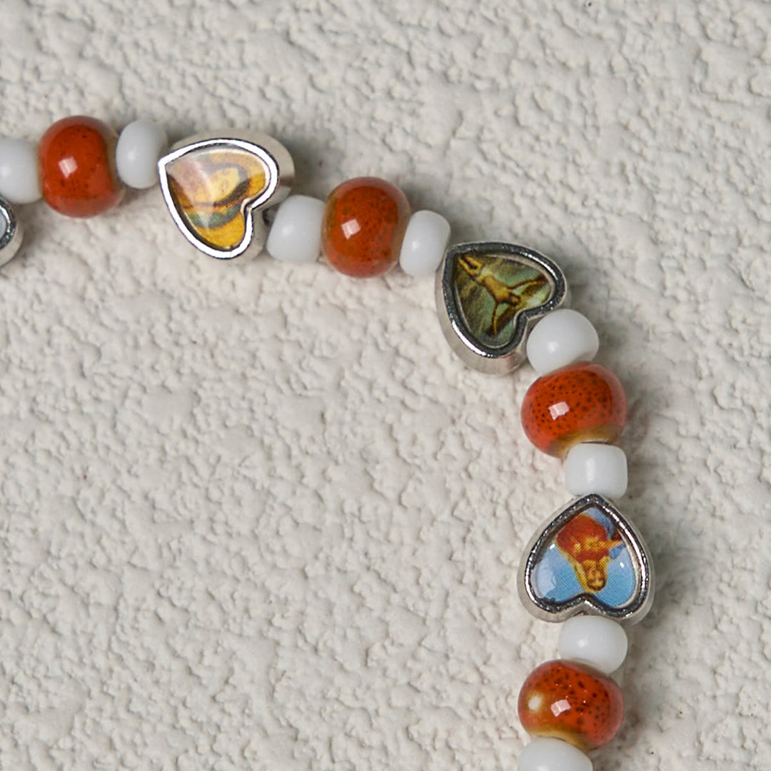 Colorful Glass & Ceramic Bead Bracelets with Cross and Saints Heart Charms