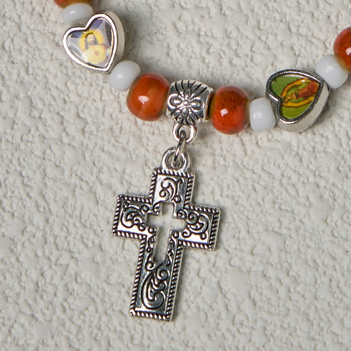 Colorful Glass & Ceramic Bead Bracelets with Cross and Saints Heart Charms