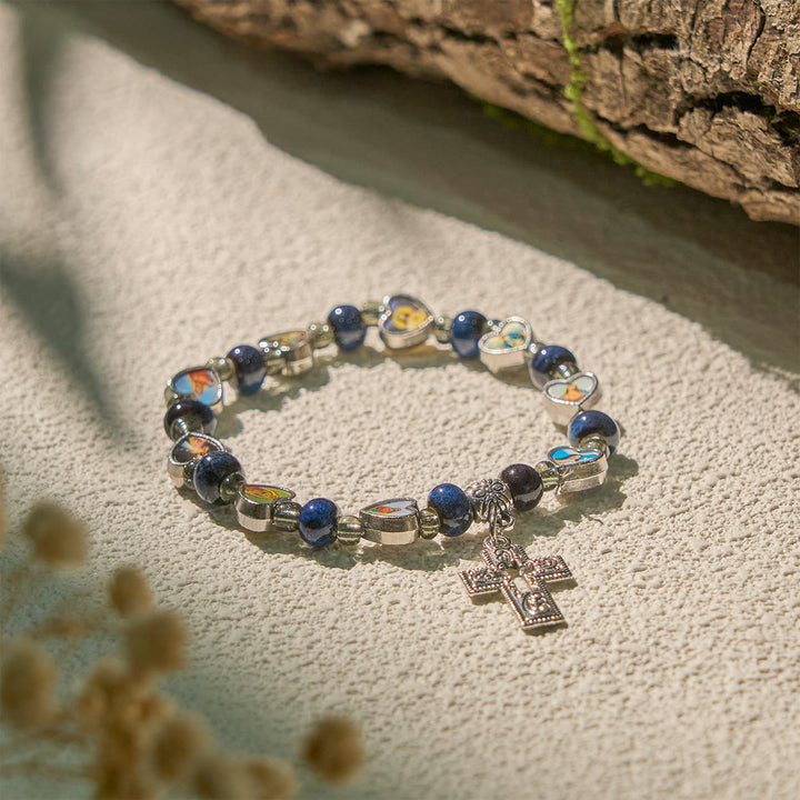 Colorful Glass & Ceramic Bead Bracelets with Cross and Saints Heart Charms