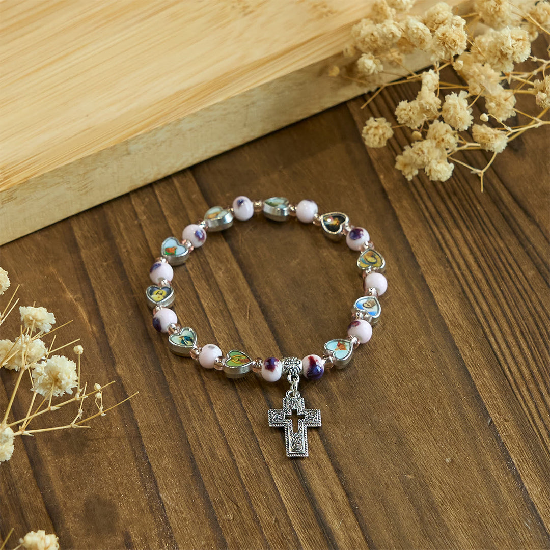 Colorful Glass & Ceramic Bead Bracelets with Cross and Saints Heart Charms