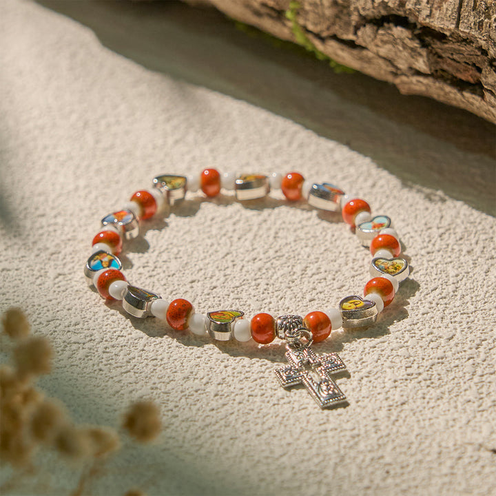 Colorful Glass & Ceramic Bead Bracelets with Cross and Saints Heart Charms