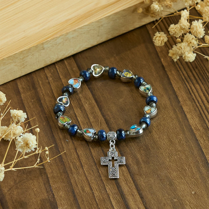 Colorful Glass & Ceramic Bead Bracelets with Cross and Saints Heart Charms