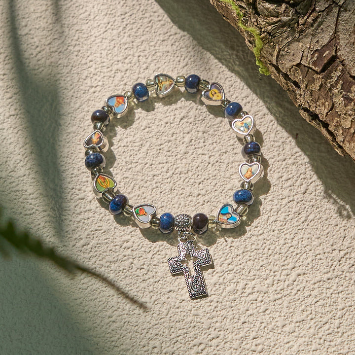 Colorful Glass & Ceramic Bead Bracelets with Cross and Saints Heart Charms
