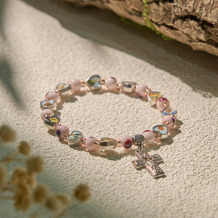 Colorful Glass & Ceramic Bead Bracelets with Cross and Saints Heart Charms