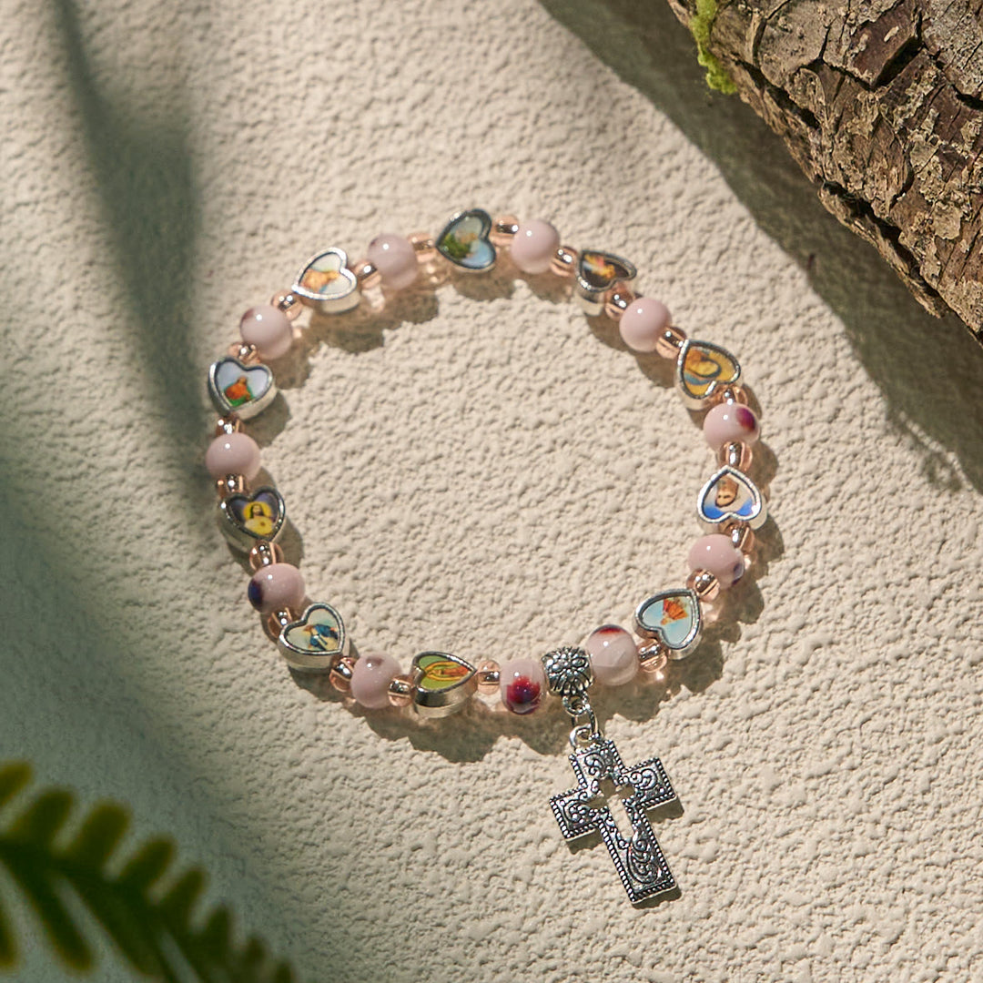 Colorful Glass & Ceramic Bead Bracelets with Cross and Saints Heart Charms