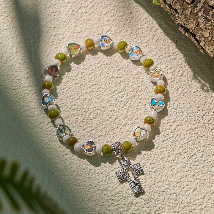 Colorful Glass & Ceramic Bead Bracelets with Cross and Saints Heart Charms