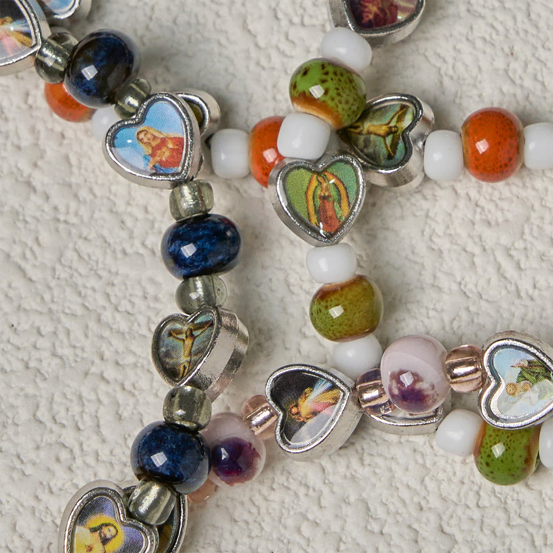 Colorful Glass & Ceramic Bead Bracelets with Cross and Saints Heart Charms