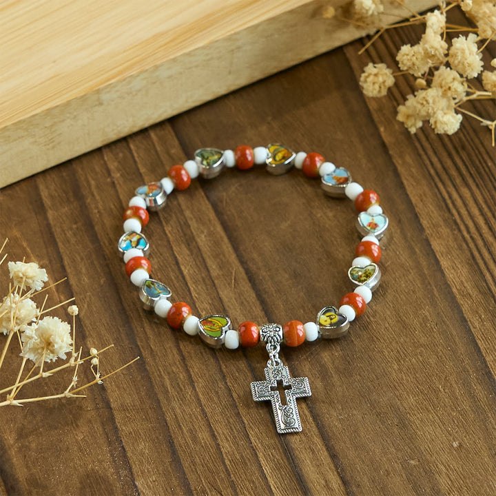 Colorful Glass & Ceramic Bead Bracelets with Cross and Saints Heart Charms
