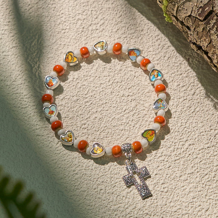 Colorful Glass & Ceramic Bead Bracelets with Cross and Saints Heart Charms