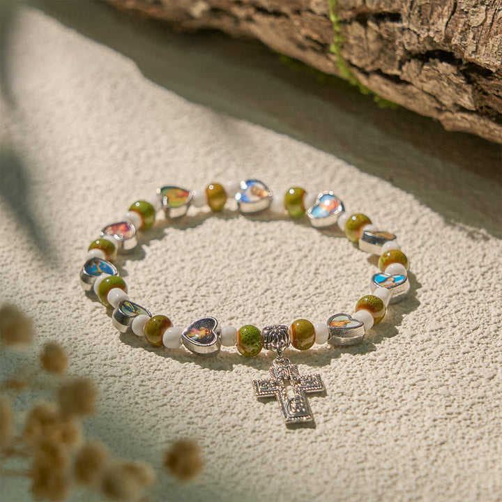 Colorful Glass & Ceramic Bead Bracelets with Cross and Saints Heart Charms