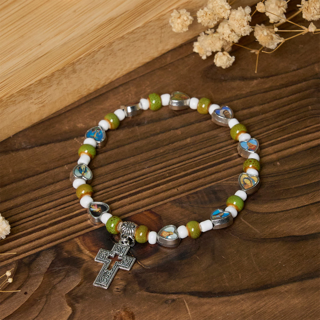 Colorful Glass & Ceramic Bead Bracelets with Cross and Saints Heart Charms