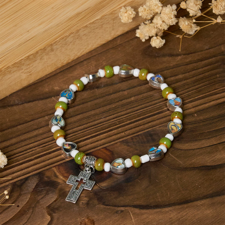 Colorful Glass & Ceramic Bead Bracelets with Cross and Saints Heart Charms