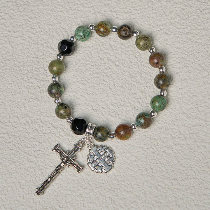 Earthy Spiritual Rosary-Inspired Bracelets with Crucifix and Jerusalem Cross