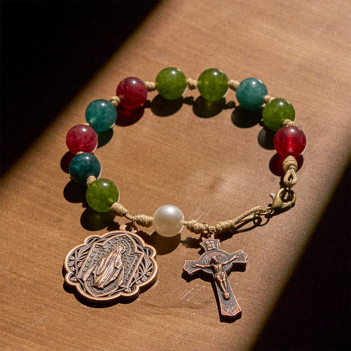 10mm Natural Tourmaline Agate Bracelets with Miraculous Medal & Crucifix