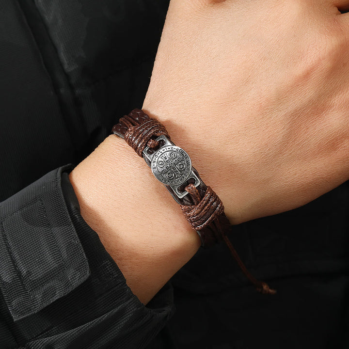 Classic 2 Color St. Benedict Leather Bracelet: Symbol of Faith and Courage