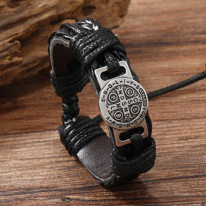 Classic 2 Color St. Benedict Leather Bracelet: Symbol of Faith and Courage