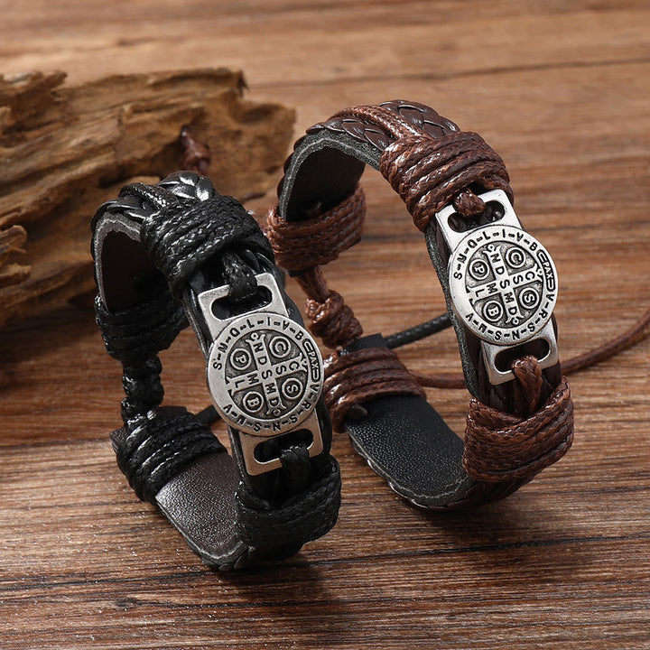 Classic 2 Color St. Benedict Leather Bracelet: Symbol of Faith and Courage