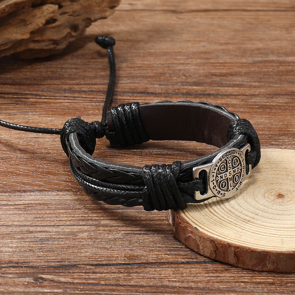 Classic 2 Color St. Benedict Leather Bracelet: Symbol of Faith and Courage