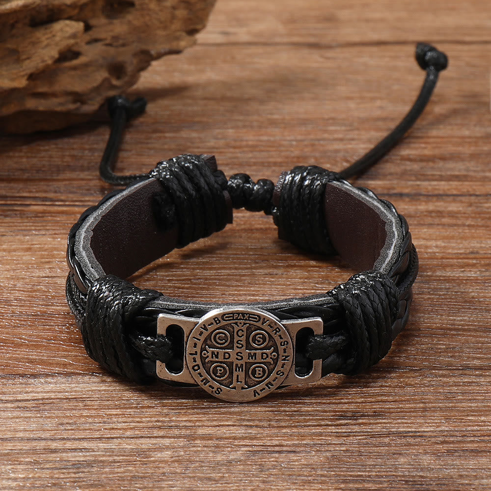 Classic 2 Color St. Benedict Leather Bracelet: Symbol of Faith and Courage
