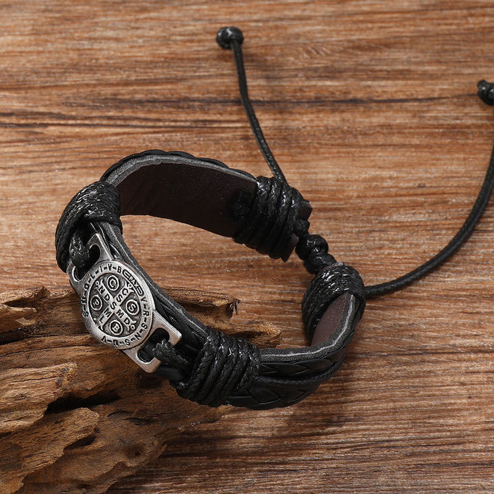 Classic 2 Color St. Benedict Leather Bracelet: Symbol of Faith and Courage