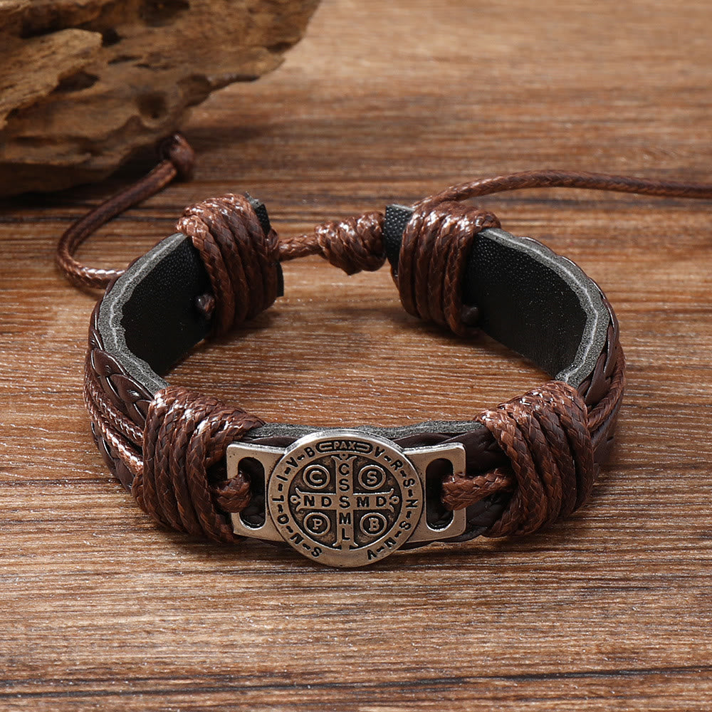Classic 2 Color St. Benedict Leather Bracelet: Symbol of Faith and Courage