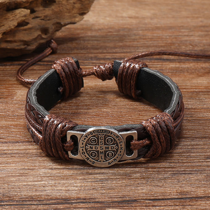 Classic 2 Color St. Benedict Leather Bracelet: Symbol of Faith and Courage