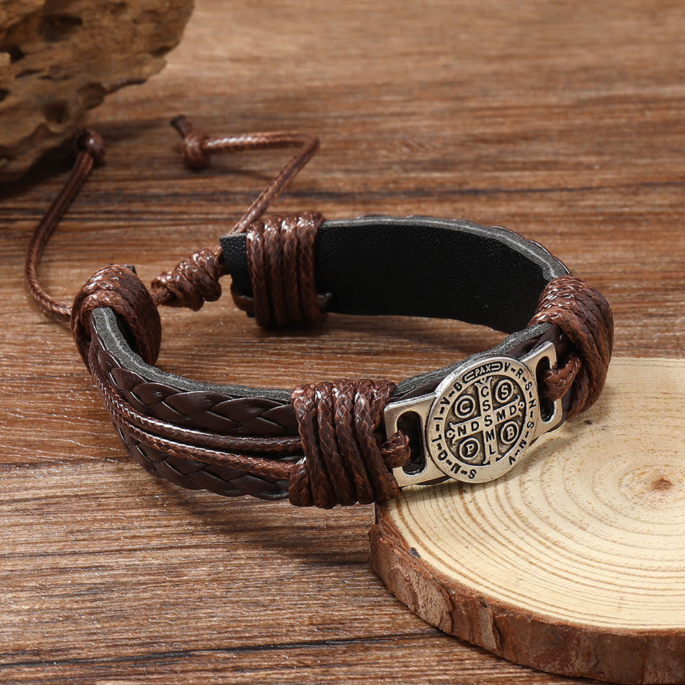 Classic 2 Color St. Benedict Leather Bracelet: Symbol of Faith and Courage