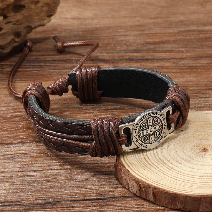 Classic 2 Color St. Benedict Leather Bracelet: Symbol of Faith and Courage