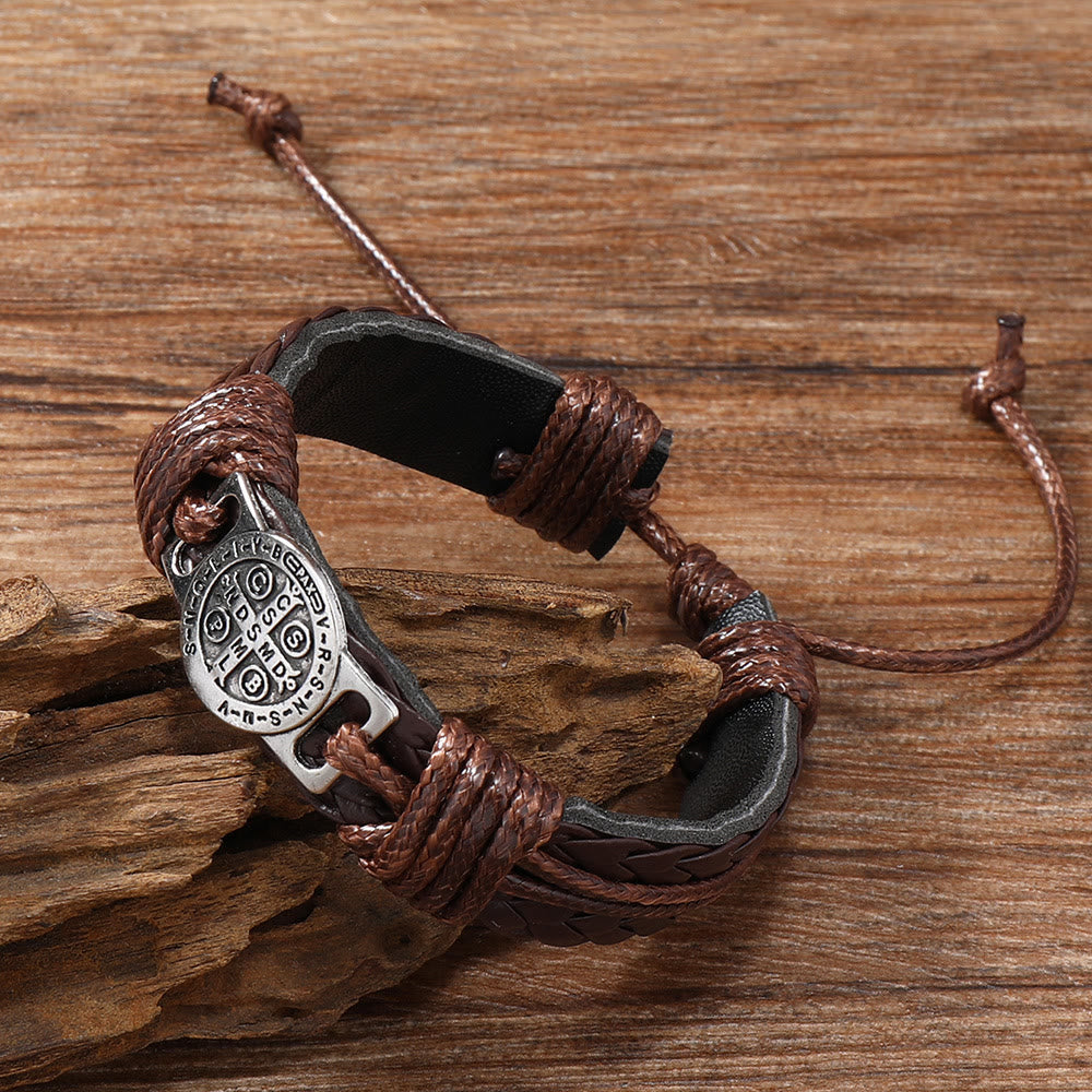 Classic 2 Color St. Benedict Leather Bracelet: Symbol of Faith and Courage
