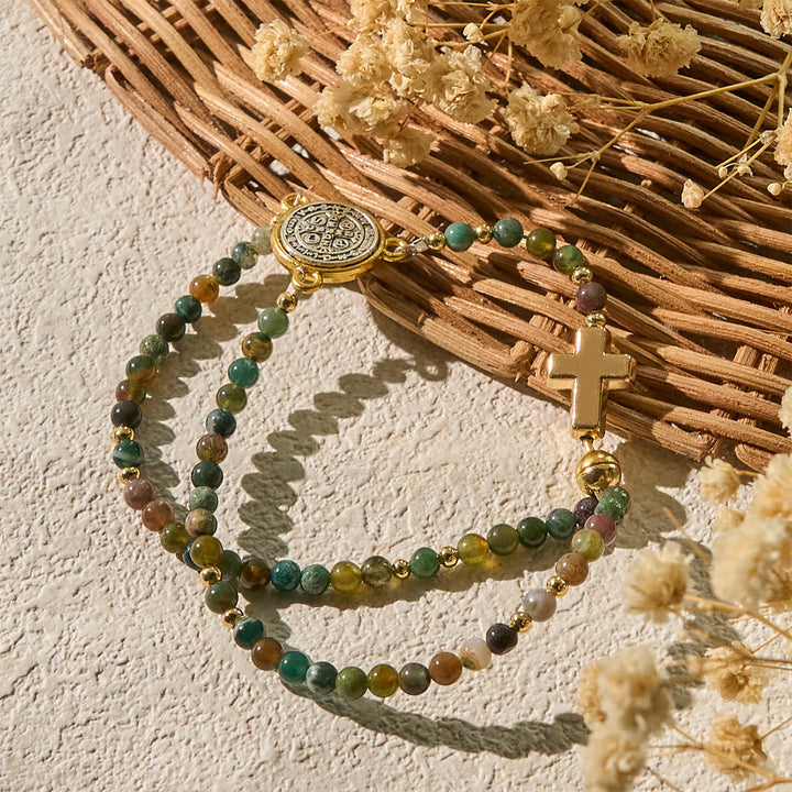 Handmade Earth Tone Rosary Bracelets with Cross & St. Benedict Charm