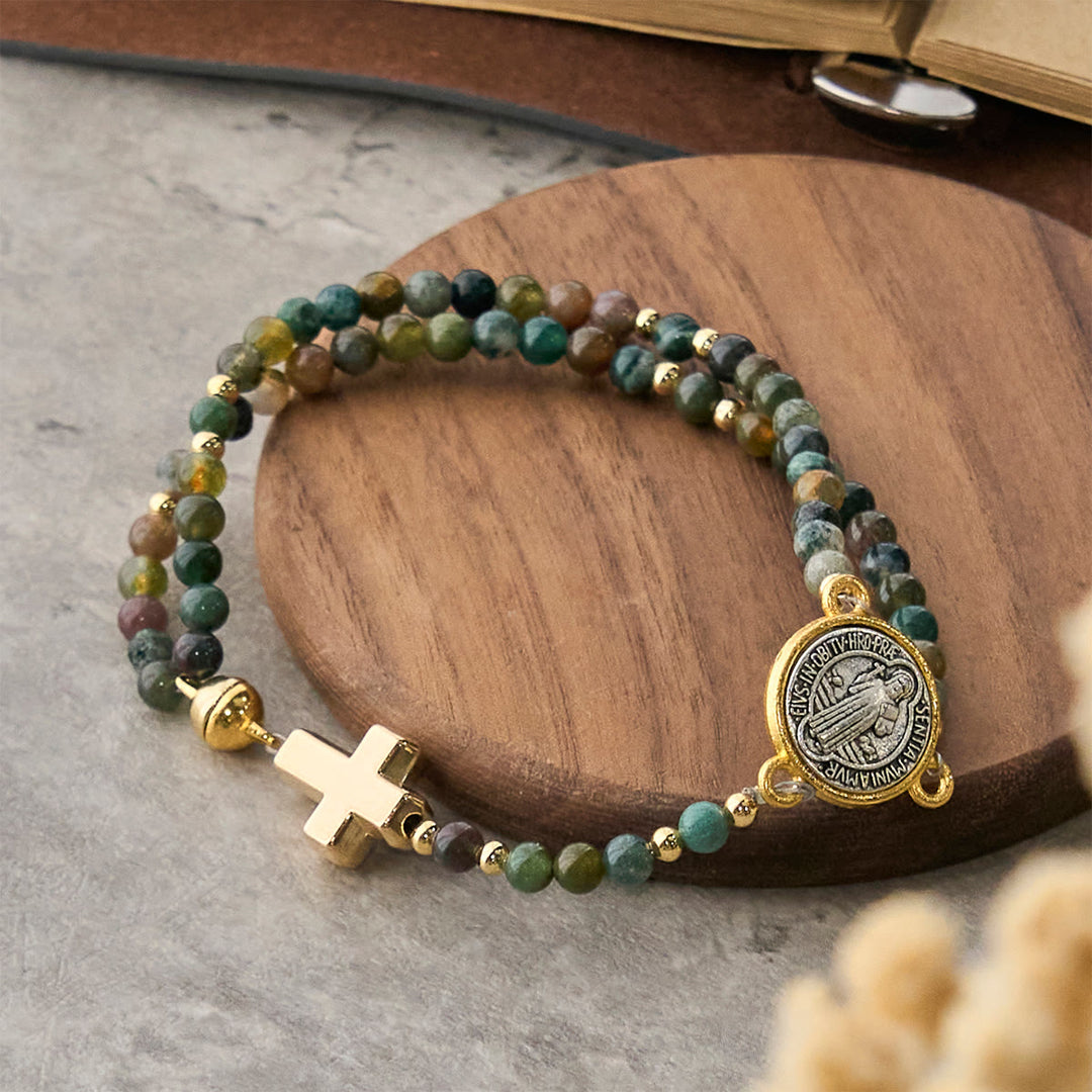 Handmade Earth Tone Rosary Bracelets with Cross & St. Benedict Charm