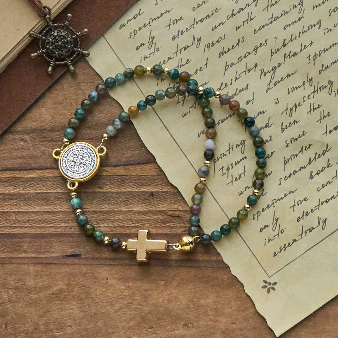 Handmade Earth Tone Rosary Bracelets with Cross & St. Benedict Charm