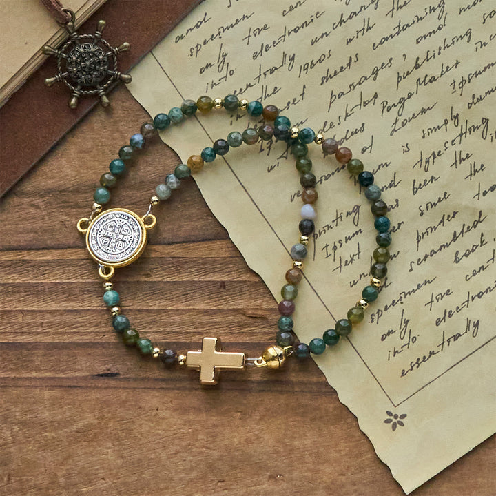 Handmade Earth Tone Rosary Bracelets with Cross & St. Benedict Charm