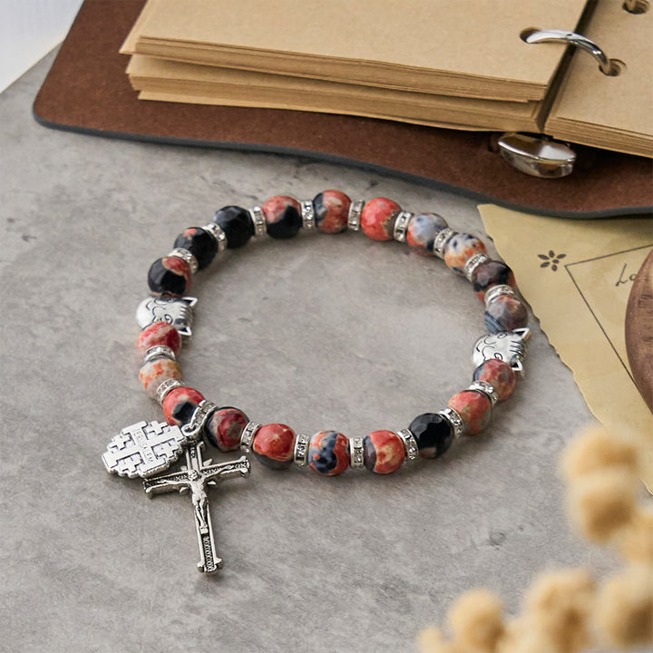 Marbling Agate Calico Cat to Pray with St. Benedict Pet Memorial Animal Bracelet