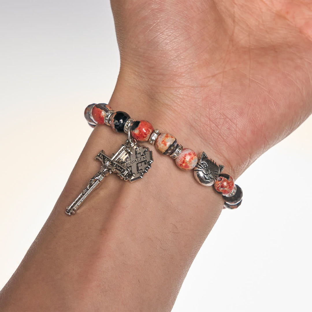 Marbling Agate Calico Cat to Pray with St. Benedict Pet Memorial Animal Bracelet
