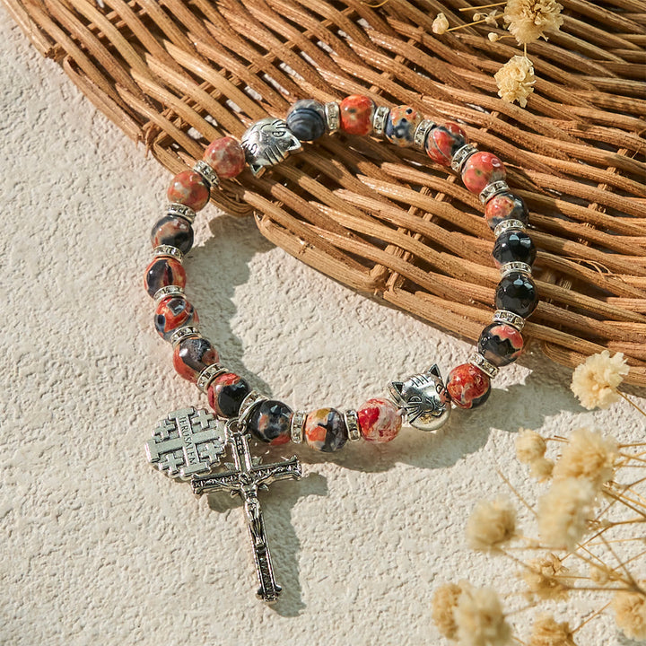 Marbling Agate Calico Cat to Pray with St. Benedict Pet Memorial Animal Bracelet