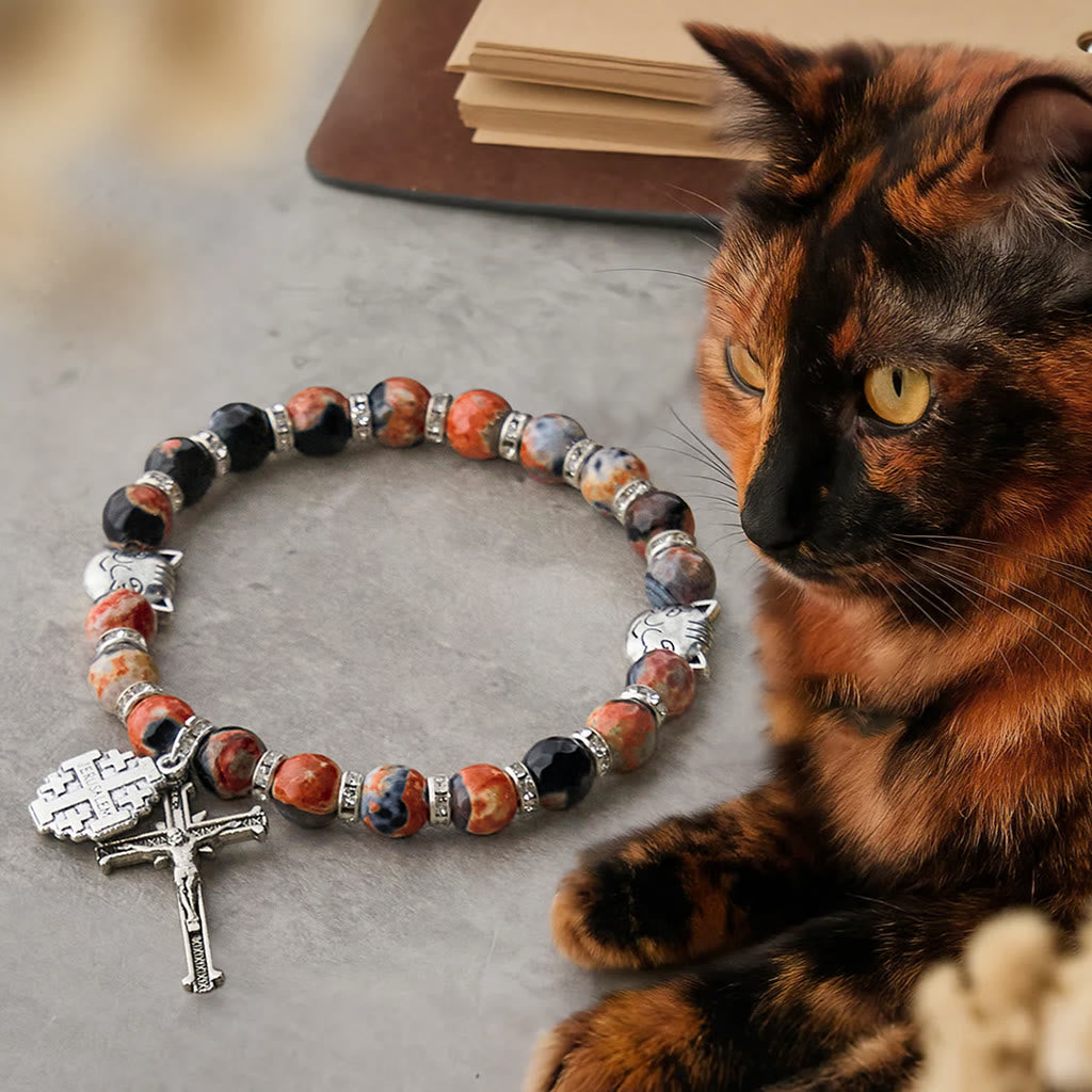 Marbling Agate Calico Cat to Pray with St. Benedict Pet Memorial Animal Bracelet