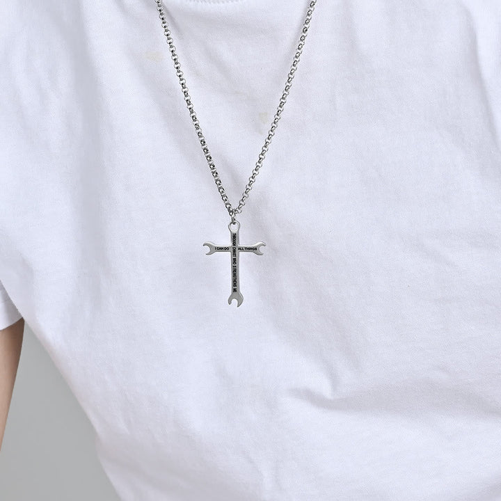 Minimalist Tricolor Wrench Cross Necklace with Faith & Strength Bible Verse