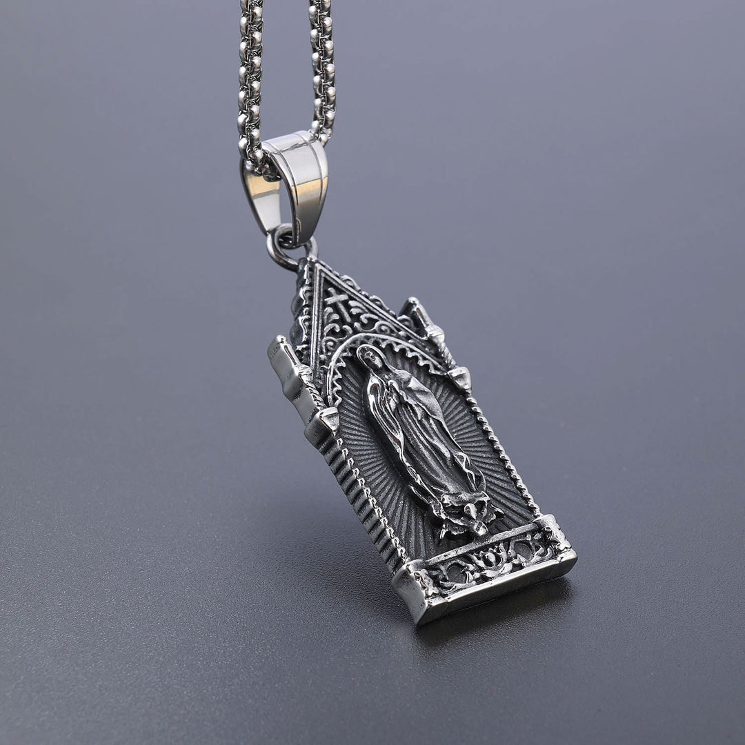Antique Silver Virgin Mary Necklace in Gothic Cathedral Frame