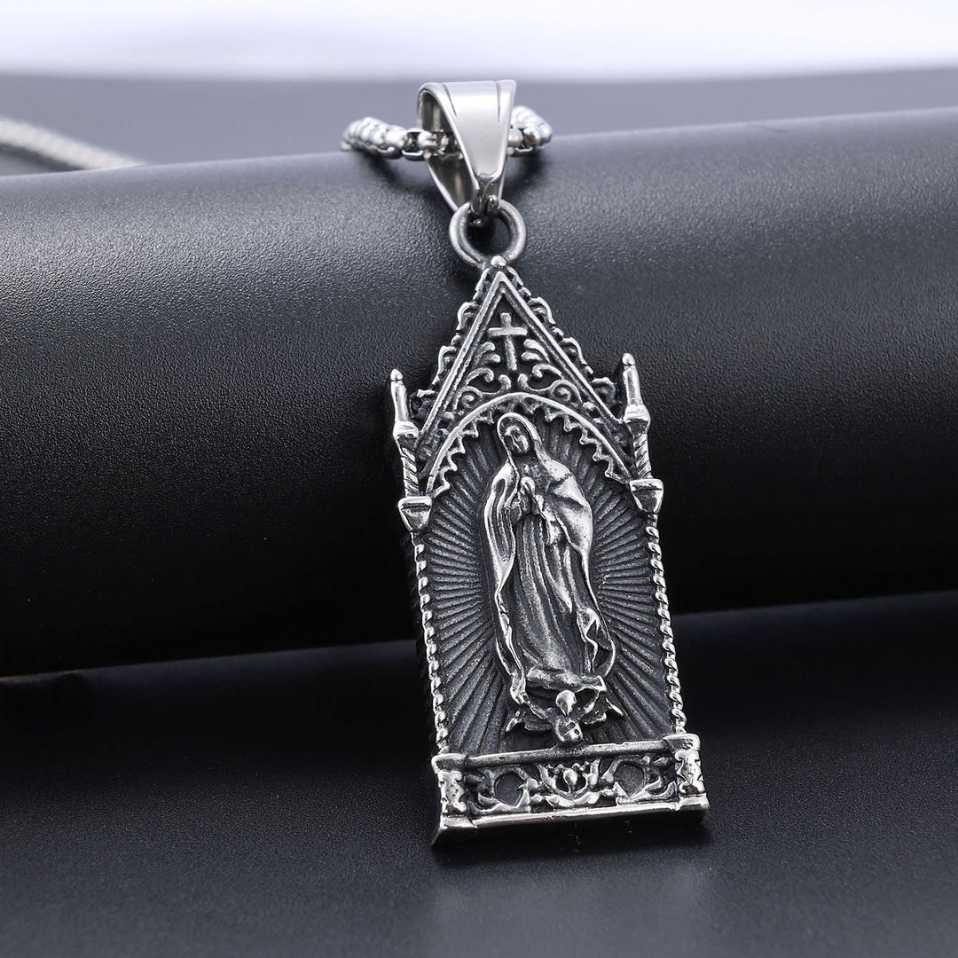Antique Silver Virgin Mary Necklace in Gothic Cathedral Frame