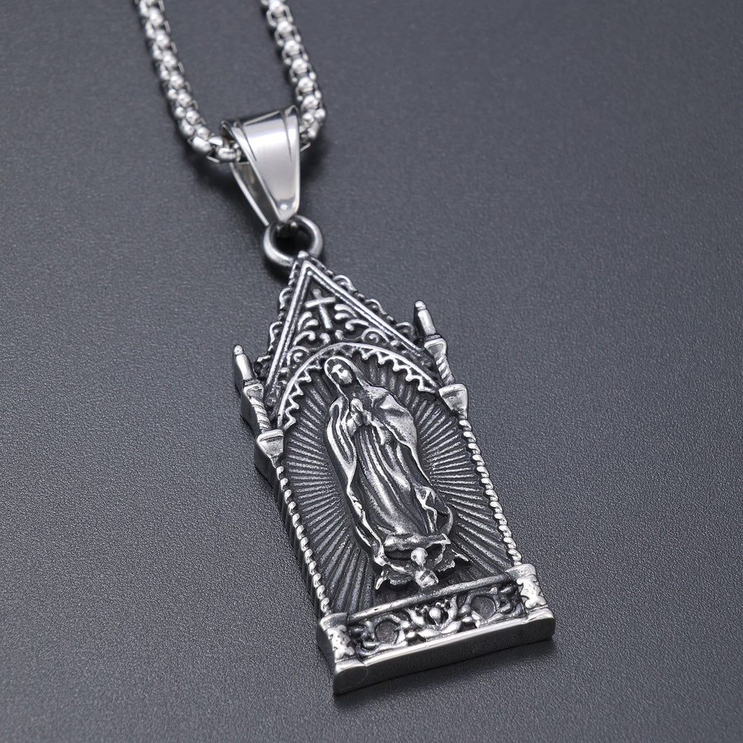 Antique Silver Virgin Mary Necklace in Gothic Cathedral Frame