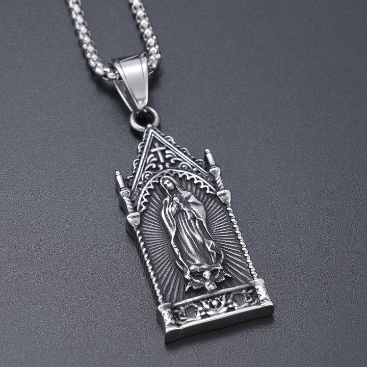 Antique Silver Virgin Mary Necklace in Gothic Cathedral Frame