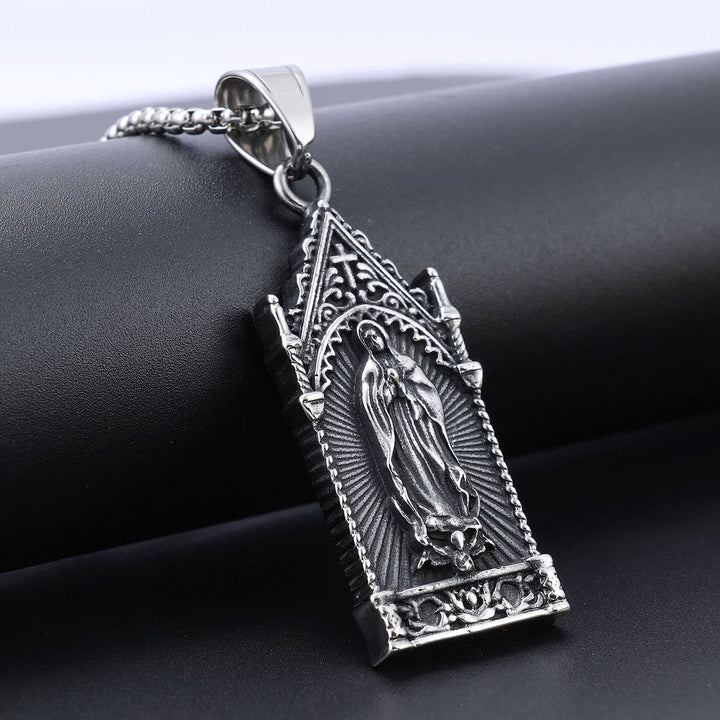 Antique Silver Virgin Mary Necklace in Gothic Cathedral Frame